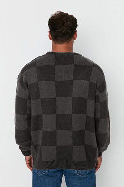 Siyah Unisex Oversize Geni_ Kal_p Bisiklet Yaka Kareli Triko Kazak TMNAW23KZ00279 - Trendyolmilla фото 2