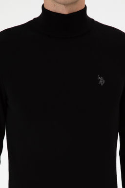 Erkek Slim Fit Bo_azl_ Siyah Basic Kazak