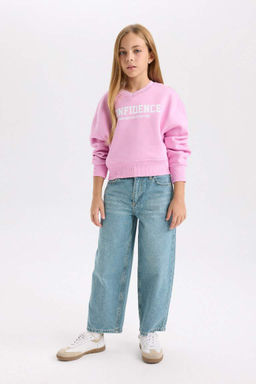 Толстовка из плотной ткани с v-образным вырезом и принтом из мягкой нечеткой ткани с низкими рукавами для девочек - Defacto фото 2