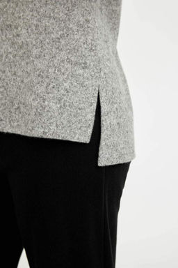 Женская футболка свободного покроя с круглым вырезом и леопардовым принтом с боковым разрезом и длинными рукавами - Defacto фото 6