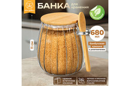 Банка д/хранения 680 мл 11*11*11,5 см с бамбуковой крышкой и ложкой, стекло