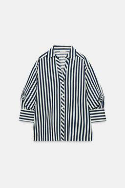CAMISA CON LINO MANGA ABULLONADA / Azul / Blanco