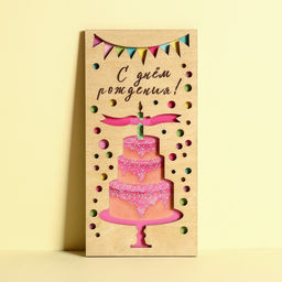 Цена за 3 шт. Конверт для денег с деревянным элементом "С Днём Рождения" торт, 16,5 х 8 см