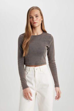 Приталенная футболка с длинными рукавами и круглым вырезом с эффектом потертостей - Defacto фото 4