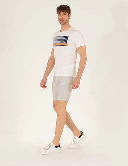 Gri Slim Fit Beli Lastikli _izgili Ba_c_kl_ Bermuda _ort