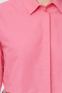 Pembe Crop Dokuma S?rt Dekolteli Keten Gorunumlu Plaj Gomlegi TBESS24GO00012