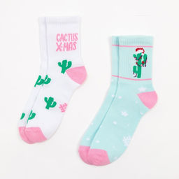 Носки женские новогодние Кактусы размер 36-40 (23-25 см), набор 2 пары