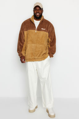 Camel Unisex Buyuk Beden Oversize/Genis Kesim Renk Bloklu Nak?sl? Pelus Sweatshirt TMNAW24AO00015 - Trendyolmilla фото 2