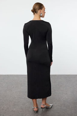 Siyah V Yaka Buzgu/Drape Detayl? Vucuda Oturan Midi Orme Elbise TWOAW25EL00217 - Trendyolmilla фото 5