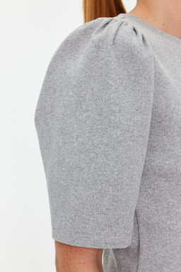 Gri Melanj Balon Kollu Bisiklet Yaka Fitilli Esnek Orme Bluz TWOSS24BZ00160