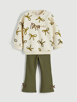 Fiyonk Bask?l? K?z ?ocuk Sweatshirt ve Tayt