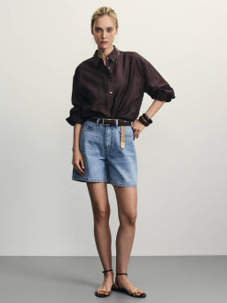 Джинсовые шорты А-силуэта с поясом / Zarina фото 7