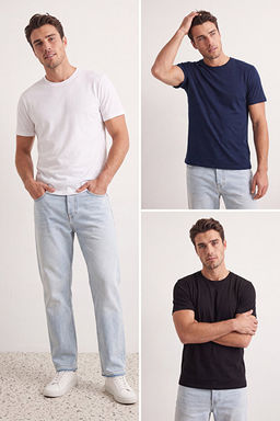 Unisex Lacivert-Siyah-Beyaz Slim/Dar Kesim Bisiklet Yaka Basic %100 Pamuk 3l_ T-Shirt TMNSS19BO0007