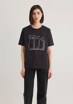 Kedi Bask?l? Gri Istanbul Tisort - Mavi фото 3