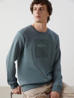 Bisiklet Yaka Bask?l? Erkek Kal?n Sweatshirt