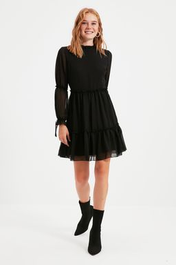 Trendyolmilla Mavi Duz Belden Ac?lan Dik Yaka Buzgulu Mini Astarl? Dokuma K?sl?k Elbise TWOAW20EL0345  фото 8