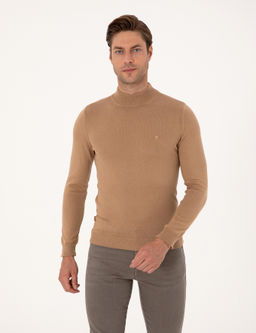 Camel Slim Fit Yar_m Bal_k__ Yaka Basic Triko Kazak