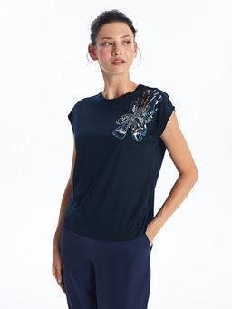 Bisiklet Yaka ??lemeli K?sa Kollu Kad?n Bluz