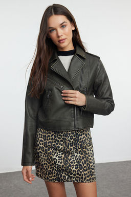 Trendyolmilla Antrasit Eskitme Detayl? Suni Deri Biker Ceket Mont TWOAW24MO00277