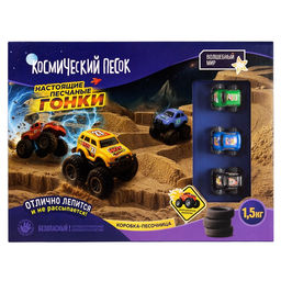 Игрушка для детей старше трех лет, в наборах, из формирующихся пластичных масс (кинетический песок, пластичный песок) и тематических предметов игрового обихода (игрушечный трансопрт) из полимерных материалов с элементами из бумаги, картона