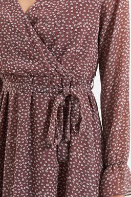 Kahverengi Kusakl? Kruvaze Astarl? Mini Sifon Dokuma Elbise TWOAW20EL1628