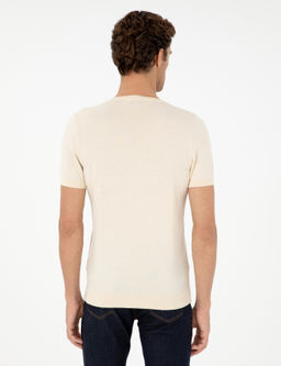 Ekru Slim Fit Bisiklet Yaka %100 Pamuk Triko T-shirt