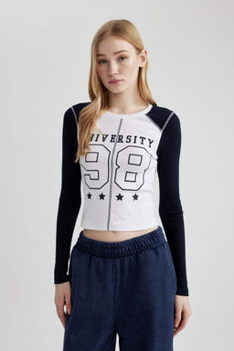 Кружевная футболка с длинными рукавами и круглым вырезом в рубчик с принтом - Defacto фото 4