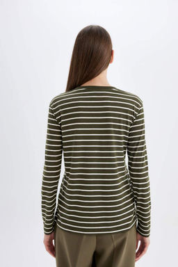 Женская повседневная полосатая футболка обычного кроя с круглым вырезом и длинными рукавами - Defacto фото 6