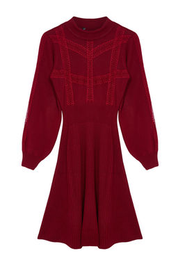 Bordo Mini Triko Dantelli Elbise TWOAW22EL0011