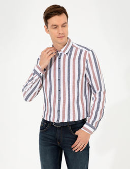 Рубашка узкого кроя с длинным рукавом из смесового льна темно-синего цвета