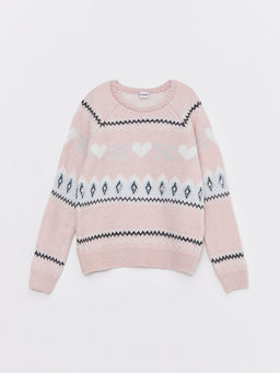 Bisiklet Yaka Desenli Uzun Kollu K?z ?ocuk Triko Kazak