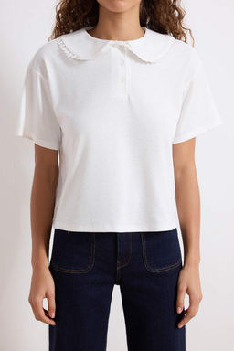 Ekru Regular/Normal Kal?p Polo Yaka Dantel Detayl? Pamuk Ribana Orme Bluz TWOSS26BZ00202 - Trendyolmilla фото 3