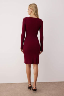 Bordo V Yaka Duz K?sa / Mini V Yaka Bodycone Triko Elbise TWOAW26EL00052