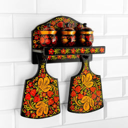 Набор кухонных принадлежностей «Земляничка», 6 предметов: 2 доски, 3 банки, подставка, дерево, хохлома