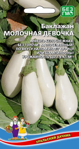 Баклажан МОЛОЧНАЯ ДЕВОЧКА  Мякоть белоснежная, без горечи! Малосемянный! По вкусу напоминает курицу или шампиньоны! Урожайность до 8 кг с кв.м.!