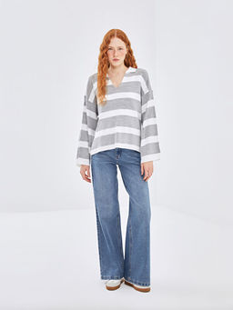 Polo Yaka ?izgili Oversize Kad?n Triko Kazak