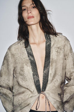 BEADED PRINTED ORGANZA KIMONO - Zara фото 7