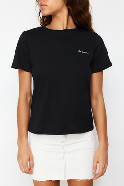 TRENDYOLMILLA Siyah 100 Pamuk Slogan Nak?sl? Regular Kal?p Orme T-Shirt TWOSS24TS00097  фото 8