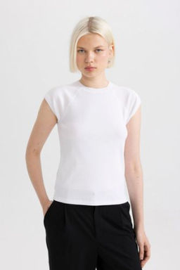 Slim Fit Dar Kesim Bisiklet Yaka Ribana Basic Duz K?sa Kollu Tisort