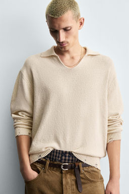 KNITTED RIPPED-EFFECT POLO SHIRT
