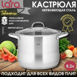 Кастрюля (нерж) 24x19см, 8,2л, капсулир индукц дно, стекл крышка (LR02-41) /LARA/