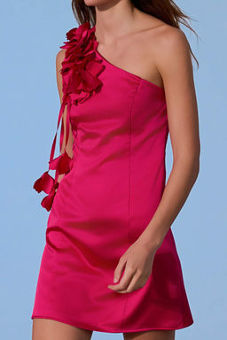 Limited Edition Fusya Duz Aplike Detayl? Tek Omuz Dokuma Tafta K?sa / Mini Elbise TPRSS26EL00115