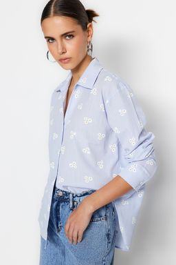 TRENDYOLMILLA Mavi Cizgili Cicek Desenli Pamuklu Oversize Genis Kal?pl Dokuma Gomlek TWOSS23GO00373  фото 3