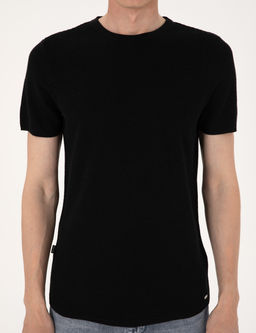 Siyah Slim Fit Keten Kar___ml_ Bisiklet Yaka Triko Ti__rt