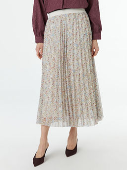 Beli Lastikli ?i?ekli Kad?n Pileli Etek