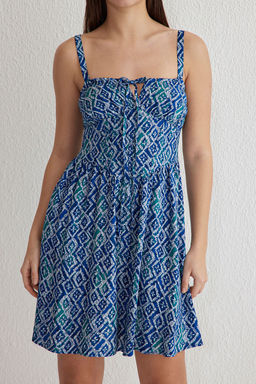 Mavi Geometrik Etegi Belden Ac?lan Mini Dokuma Elbise TWOSS25EL00026 - Trendyolmilla фото 3