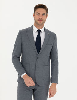 Koyu Mavi Slim Fit _izgili Tak_m Elbise