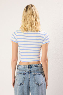 Trendyolmilla Premium Ekru-Ekru Kahverengi Cizgili 2li Paket Viskoz Crop Esnek Orme Bluz TWOSS23BZ00194  фото 11