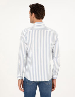 Синяя рубашка узкого кроя в полоску из смесового хлопка - Cacharel фото 5