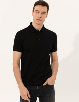 Siyah Polo Yaka Slim Fit Basic Merserize T-shirt